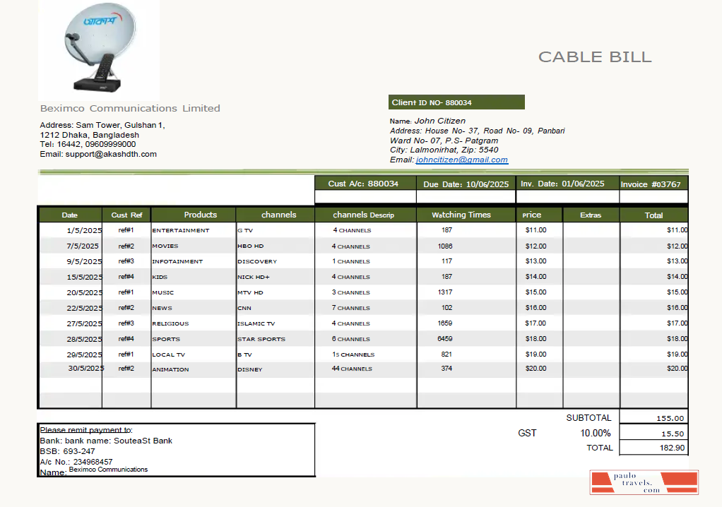 Bangladesh Beximco Communications utility bill template in Word and PDF formats